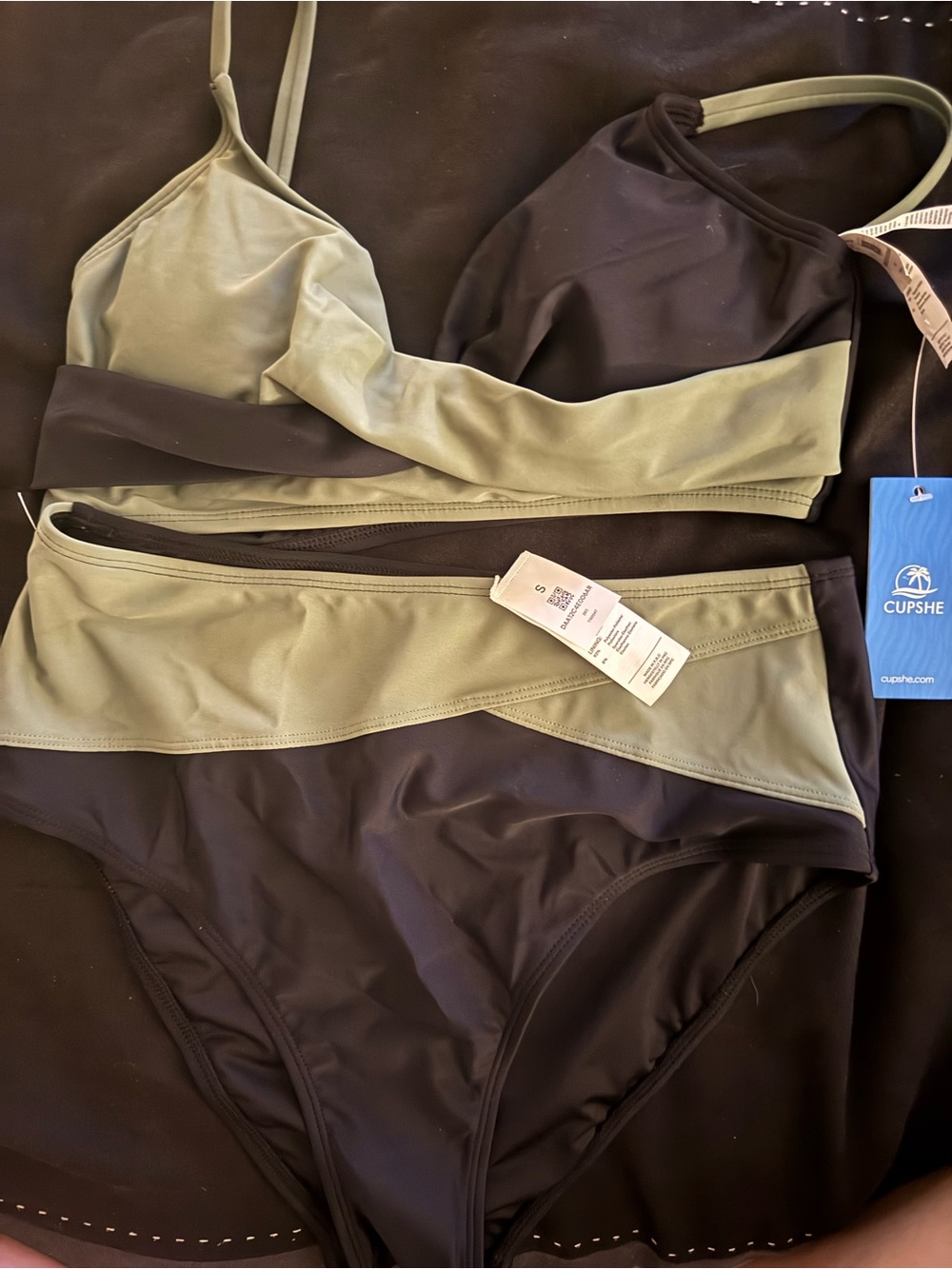 Cupshe Olive Green and Black Colorblock High-Rise Bikini Set